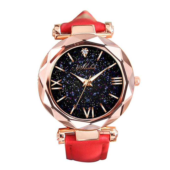 Fashion Starry Sky Round Dial Roman Number Faux Leather Band Women Quartz Wrist Watch
