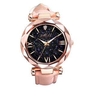 Fashion Starry Sky Round Dial Roman Number Faux Leather Band Women Quartz Wrist Watch