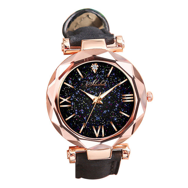 Fashion Starry Sky Round Dial Roman Number Faux Leather Band Women Quartz Wrist Watch